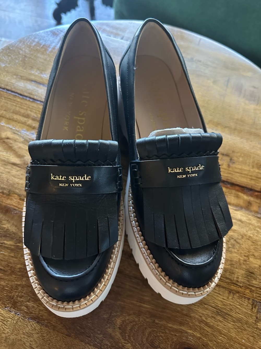 Kate Spade Black Leather Fringe Caddy Platform Loafers